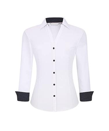 WARHORSEE Womens Button Down Shirt Long Sleeve Work Dress Shirts, V Neck Easy Care Stretchy Business Casual Blouses for Women White X-Large