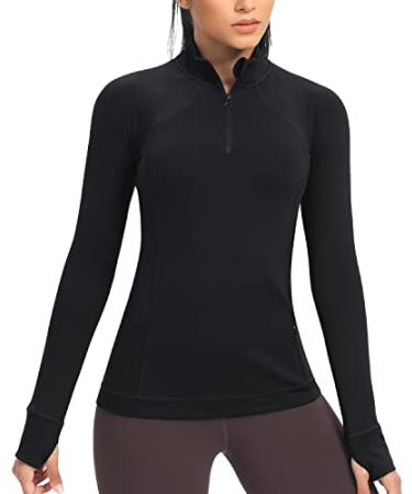 QUEENIEKE Women's Running Quarter Zip Pullover, Long Sleeve Shirts with Thumbholes and Pocket Large Black