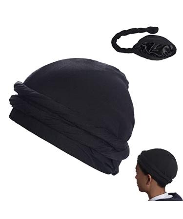 hoyuwak Turban for Men Halo Satin Lined Head Wraps Stretch Durags with Long Twisted Straps Cool Cap Do-rag Accessories Black