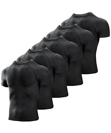 Niksa Men's Compression Shirts 5 Pack Short Sleeve Athletic Compression Tops Cool Dry Workout T Shirt Dark Black Large