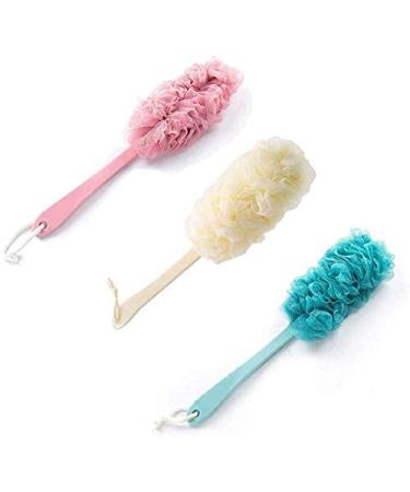 Pack of 3 shower sponges with handles bath sponges back scrubber mesh bath brush with long handles for bathroom accessories for men and women.