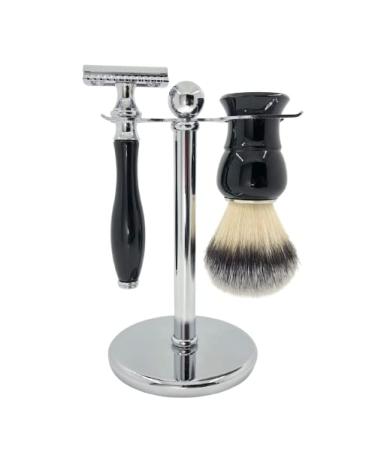 CSB Wet Shaving Kit for Men - 3 in 1 Shaving Set Includes Synthetic Nylon Shaving Brush Double Edge Safety Razor Chrome Shaving Stand Holder with 10 Blades