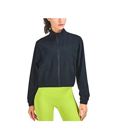 altiland Women's Athletic Running Yoga Gym Track Zip Up Cropped Jackets UPF 50+ Sun Protection Long Sleeve Workout Shirts Black Medium