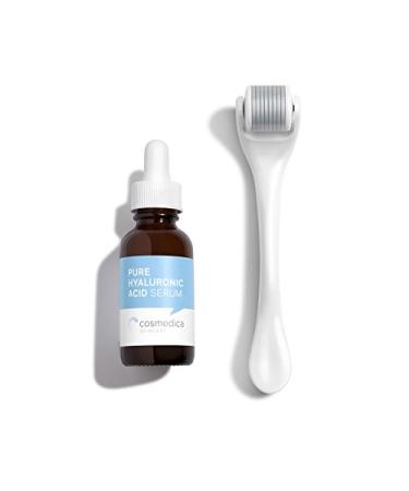 Cosmedica Instant Glow Kit: Microneedle Derma Roller Cosmetic Needling Instrument For Face and Cosmedica's Pure Hyaluronic Acid Serum 1 oz.