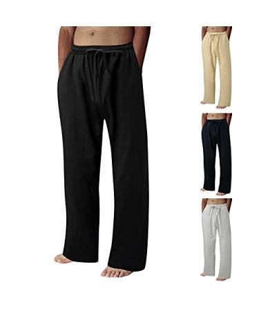 Tdoenbutw Mens Baggy Yoga Pants Pockets, Men's Cotton Linen Drawstring Casual Jogger Yoga Pants Straight-Legs Sweatpants Y3-black X-Large