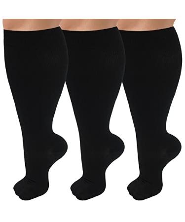 3 Pack Plus Size Compression Socks for Women & Men, 20-30 mmhg Extra Wide Calf Knee High Stockings for Circulation Support 01-3 Pack Black X-Large