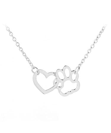 COLORFUL BLING Dog Cat Paw Print Pet Footprint Necklace for Women Girls Double Hollow Cute love Charm Creative Doggy Puppy Cat Animal Forever Love Heart Pendant Necklace Jewelry for Pet Lover Girls (Heart and Paw Print) Silver