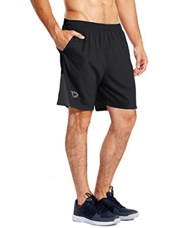 BALEAF Men's 7" Running Shorts with Mesh Liner Zipper Pocket for Athletic Workout Gym Large Black