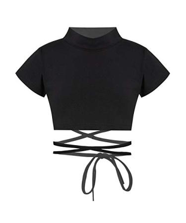 Kaerm Kids Girls Long Sleeves Mock Neck Crop Top Athletic Shirts Hip Hop Jazz Dance Clothes Black Short Sleeves 8-10
