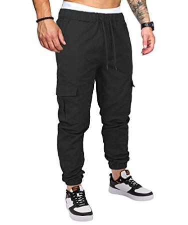 OUTSON Mens Fashion Joggers Sports Pants Casual Cotton Cargo Pants Gym  Sweatpants Trousers Mens Long Pant Black Medium