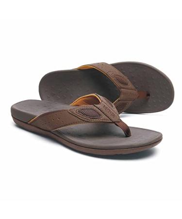 MEGNYA Mens Orthopedic Flip Flops for Plantar Fasciitis Athletic Toe-Post Sandals with Arch Support Comfort Walking Thong Slippers for Sport Exercise Activities 10 W2-brown&tan