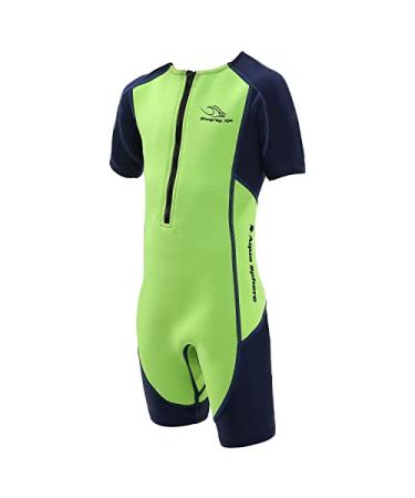 Aquasphere Stingray Short Sleeve Unisex Kids Wetsuit - 100% UV Protection, Long Lasting Quality Neoprene, Washer Dryer Safe, Warm Comfortable Fit for Diving Swimming Surfing - Boys & Girls Bright Green/Navy Blue 10