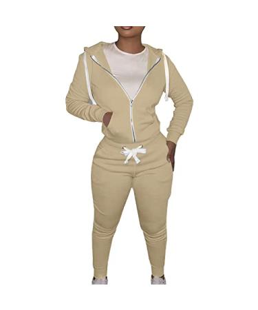 Women Two Piece Outifits Loungewear Tracksuit Sweatsuit Zip Up Jacket Coat and Pants Suit Outdoor Sportwear Set XX-Large Khaki