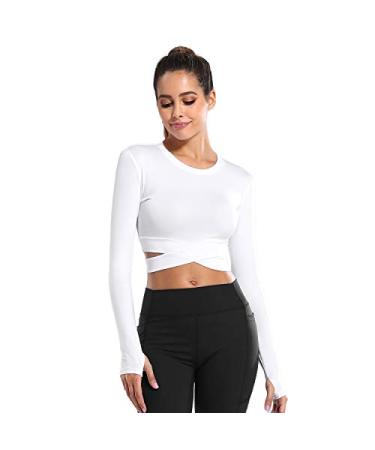 DREAM SLIM Short Sleeve Crop Tops for Women Tummy Cross Fitted Yoga Running Shirts Gym Workout Cropped Tank Tops White Long Small