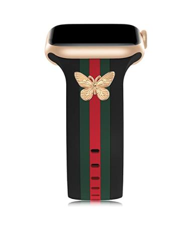 Designer Band with Charms Decor Compatible with Apple Watch Band 38mm 40mm 41mm 42mm 44mm 45mm 49mm Women Men, Stylish Silicone Sport Wristbands for iWatch Series 8 7 6 5 4 3 2 1 SE Ultra Black/Green/Red with Butterflies 38mm/40mm/41mm