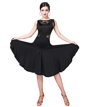 ZX Ballroom Dance Dresses for Women Fringed Lace Back Salsa Latin Dance Dress with Shorts (5 Colors) Black Large