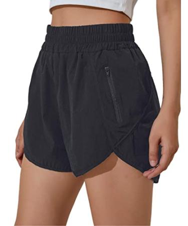 BMJL Women's Running Shorts Elastic High Waisted Shorts Pocket Sporty Workout Shorts Quick Dry Athletic Shorts Pants Medium Black