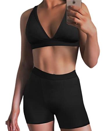 Women's Workout Outfit 2 Pieces High Waist Bodycon Yoga Leggings and Sleeveless Crop Top Gym Clothes Set Tracksuit Small Short Black
