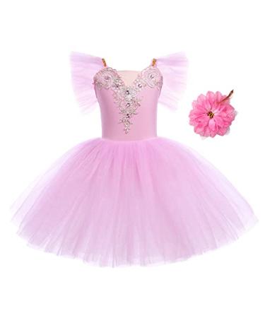 Toddler Ballet Leotards for Girls Glitter Tulle Skirt 2PCS Ruffle Sleeve Tutu Dresses with Hair Clip One Piece Outfits Pink 7-8 Years