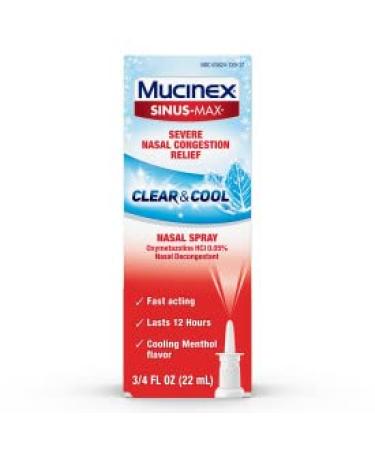 Mucinex Nasal Decongestant Spray Sinus-Max Severe Nasal Congestion Relief Clear & Cool Nasal Spray Lasts 12 Hours Fast Acting Cooling Menthol Flavor Packaging May Vary 0.75 Fl Oz (Pack of 4)