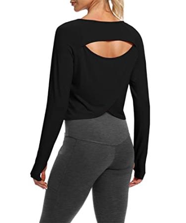 Bestisun Cute Long Sleeve Workout Running Shirts Athletic Yoga Gym Crop Tops for Women X-Large Black