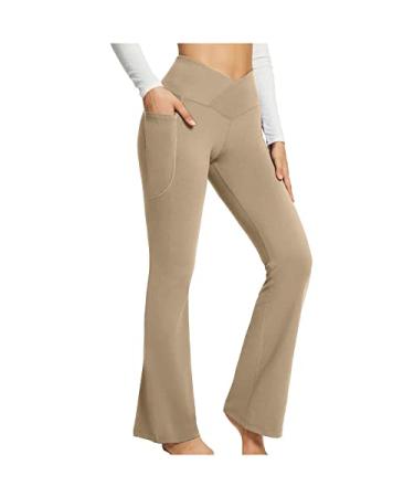 JEGULV Flare Yoga Pants for Women High Waisted V Crossover Bootcut Pants Stretch Tummy Control Workout Leggings with Pockets 02 - Pants for Women - Khaki Large