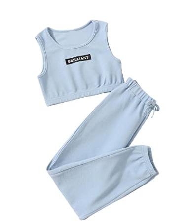 OYOANGLE Girl's 2 Piece Outfits Letter Crop Tank Top and Sweatpants Set Tracksuit 10 Years Blue