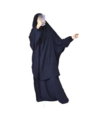 Kelsiop Eid Muslim Women Long Khimar Prayer Clothing 2 Piece Robe Dress and Pants Full Face Islamic Clothing Large Blue