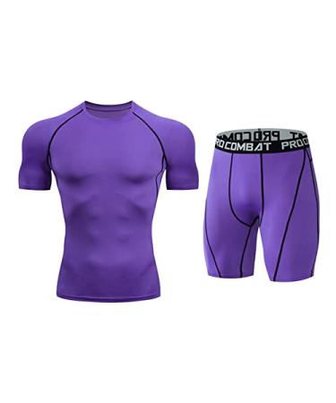 szxiten Mens Workout Set Compression Shorts Short Sleeve Shirt Top Gym Tights Tracksuit Base Layer Sportswear Suits Quick Dry, Purple, X-Large, overalls