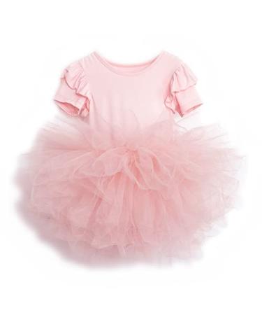 Girls Tutu Leotard Dress Short Sleeve Ballerina Dance Ballet Tulle Dresses Soft Pink 5-6 Years