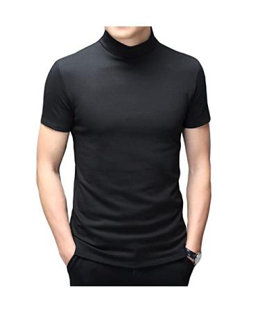 Mens T Shirt Short Sleeve Basic Mock Turtleneck Slim Fit Undershirt Pullover Thermal Solid Tops Large Black