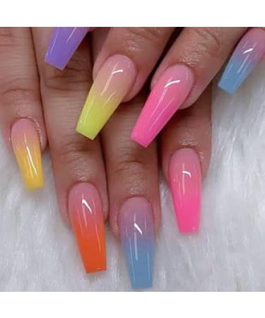 Brishow Coffin False Nails Long Fake Nails Pure Color Ballerina Press on Nails Full Cover Acrylic Stick on Nails for Women and Girls (Colorful)