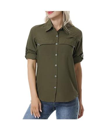 Women's UV Sun Protection Fishing Shirts Long Sleeve Hiking Safari Shirts Army Green Small