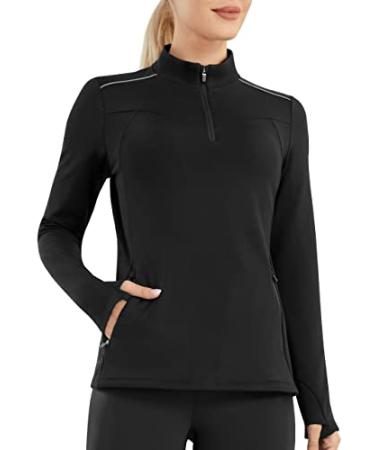 PERSIT Womens Pullover 1/4 Zip Fleece Long Sleeve Shirts Thumbholes Mock Neck Thermal Tops for Running Medium Black