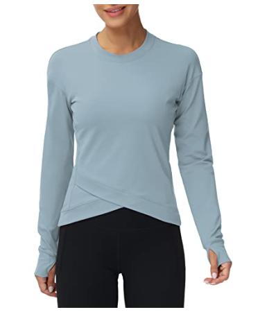 Women's Long Sleeve Compression Shirts Workout Tops Cross Hem Athletic Running Yoga T-Shirts with Thumb Hole Denim Blue Large