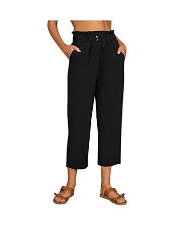 Mackneog High Waist Linen Capris for Women Casual Summer Wide Leg Elastic Women Cotton Crop Capris Summer Ruffle Pants Crop Black X-Large