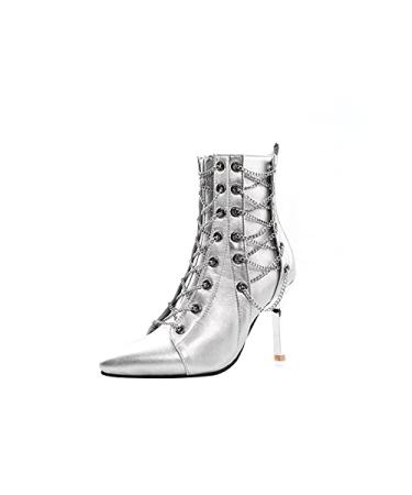 EKOUSN Fashion Boots for Women, Women's Zipper Thin Heel Boots, Casual Solid Color Chain High Heel Boots, Retro Punk Sexy Boots, Pointed Toe Leather Boots, Work Boots Knight Boots Ankle Boots Silver 5.5