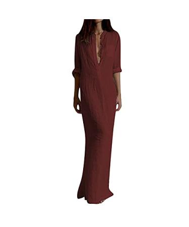 lcziwo Solid Shirts Dress for Women Rolled-Up Long Sleeve Maxi Dresses Slim Comfy Casual Button Up Long Dress Wine XX-Large