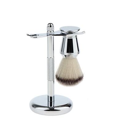 CSB Shaving Brush Kit for Men - Synthetic Nylon Shaving Brush with Chrome Metal Brush Stand Double Edge Safety Razor Holder - Gift for Men