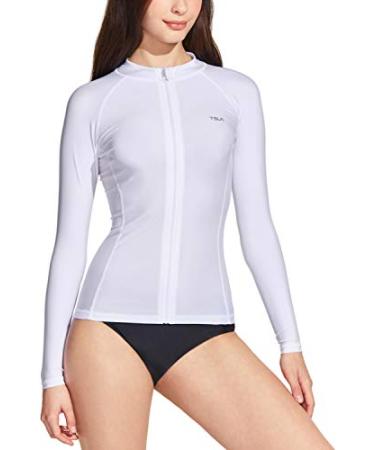 TSLA Women's UPF 50+ Zipper Rash Guard, Water Surfing Long Sleeve Swimsuit, UV/Sun Protection Swim Shirts Wetsuit Top Full Zip Rashguard White Medium