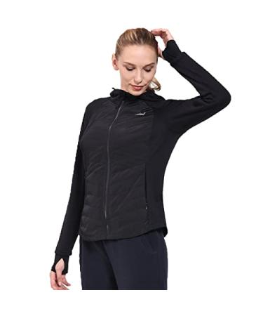 BALEAF Women's Insulated Running Jackets Puffer Hybrid Down Jacket Hiking Stretch Zip Pockets Fleece with Hoodie Cold Weather Black X-Small