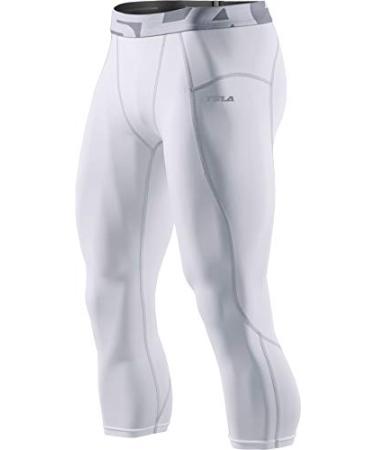 TSLA Men's 3/4 Compression Pants, Running Workout Tights, Cool Dry Capri Athletic Leggings, Yoga Gym Base Layer Control Capris White Large
