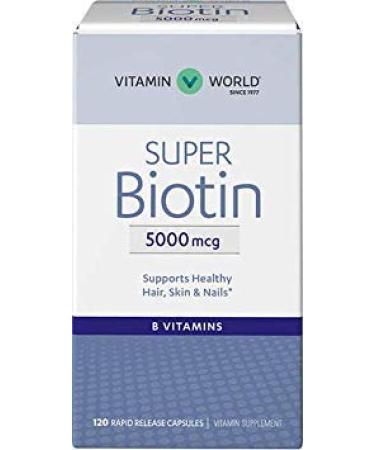 Vitamin World Super Biotin 5000 mcg. 120 Capsules B Vitamin Hair Skin and Nails Rapid-Release Gluten Free