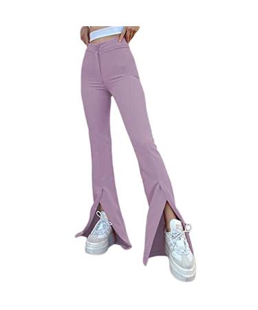 Viatabuna Womens High Waisted Flare Sweatpants Y2k Fashion Wide Leg Slit Bell Bottoms Hiking Lounge Yoga Pants Light Purple Large