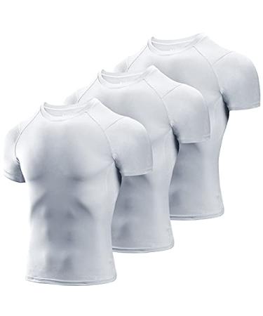 Niksa Men's Compression Shirts 3 Pack Short Sleeve Athletic Compression Tops Cool Dry Workout T Shirt X-Large White 3 Pack
