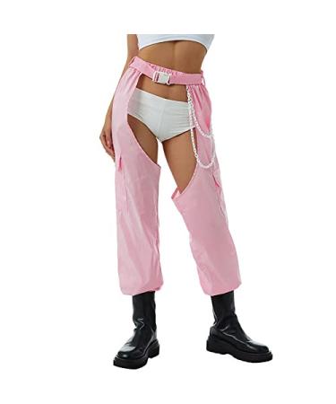 Women Fashion Cargo Pants High Rise Sweatpants Rave Reflective Pants Solid Color Color Block Pink #2 Medium