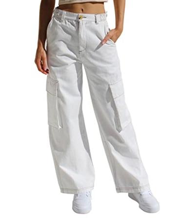 EVALESS Cargo Pants Women Casual Loose High Waisted Straight Leg Baggy Pants Trousers with Pockets 6 A White