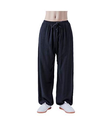 KSUA Womens Martial Arts Pants Cotton & Linen Kung Fu Trousers Tai Chi Pants for Wing Chun Morning Excerises Large Black
