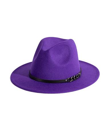 Gossifan Men & Women Belt Buckle Fedora Hat Wide Brim Floppy Panama Hat Medium Black Belt-purple