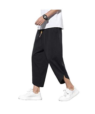 DOSLAVIDA Men's Casual Elastic Waist Linen Capri Pants Wide Leg Baggy Cotton Harem Yoga Trousers Loose Patchwork Shorts Solid-black Medium